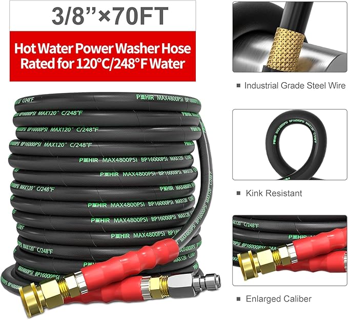 POHIR Pressure Washer Hose 70 FT×3/8 Inch 4800psi for Cold and Hot Water Max 248°F With 3/8 Inch Quick Connect Kink Resistant High Tensile Wire Braided, M22 Swivel to 3/8 Adapter Set 2pcs