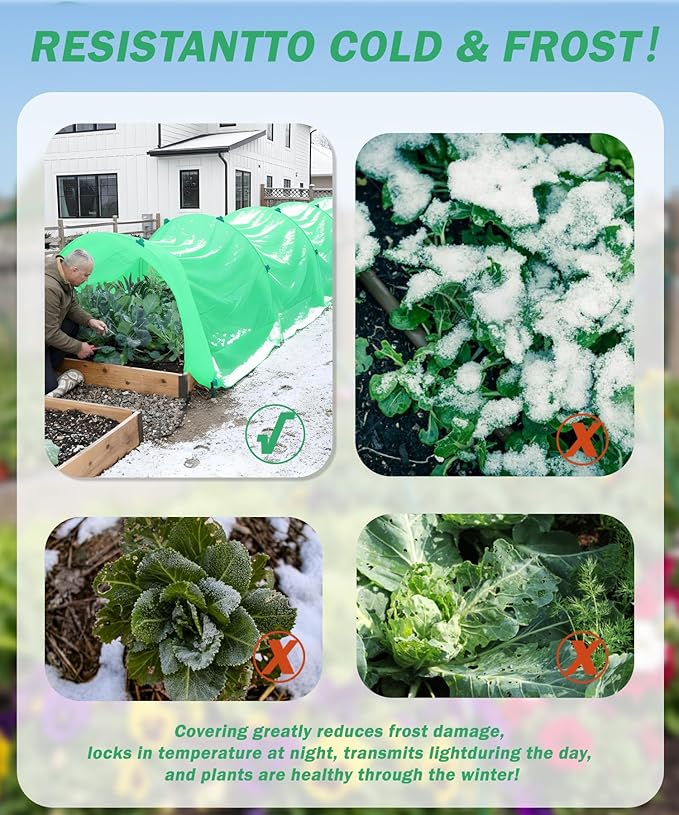 10ft x 50ft Plant Frost Protection Cover, 1.3 oz/yd² Reusable Freeze Blanket with 36 Hoops & 12 Stakes, Garden Greenhouse Tunnel for Winter Snow, Frost & Pest Protection on Outdoor Raised Beds