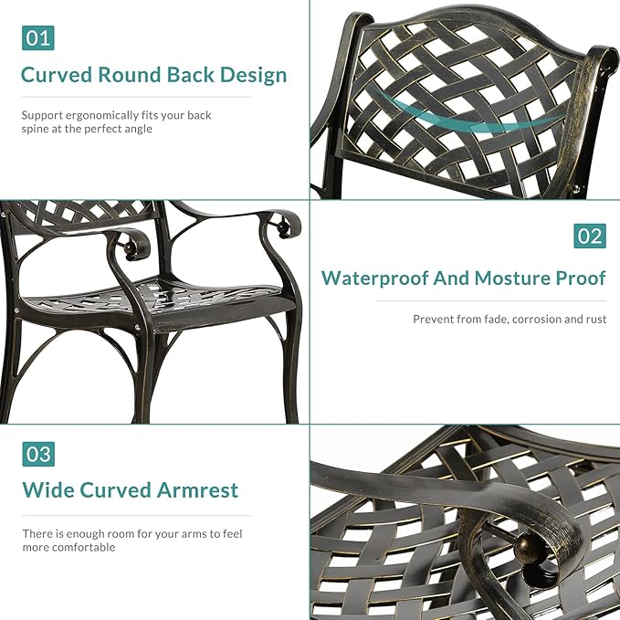 MEETWARM 3 Piece Patio Bistro Set, Outdoor All-Weather Cast Aluminum Dining Furniture Set Includes 2 Chairs and a 35.4” Round Table with Umbrella Hole for Garden Deck