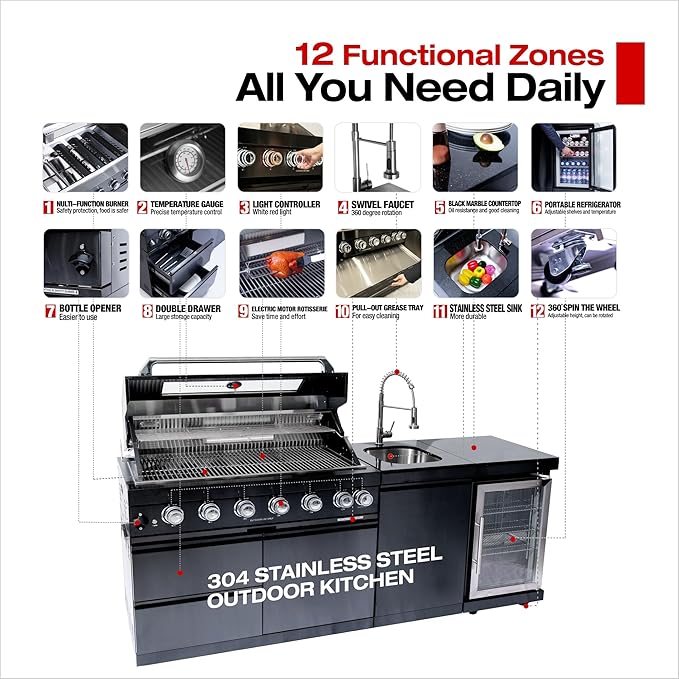 82 Inches 6-Burner 85000 BTU Deluxe Stainless Steel Propane Gas Outdoor Kitchen Bar Barbecue Island Grill, Wine Cooler Compact Refrigerator, Granite Countertops, Stainless Steel Sink, Black