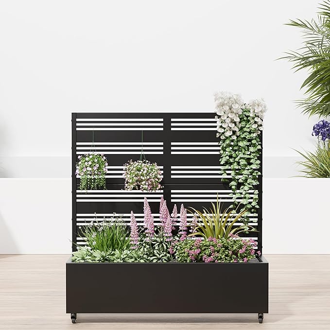Casaphoria Raised Garden Bed Metal Planter Box with Trellis, 47"x47"x16" for Outdoor Climbing Plants, Flowers Vegetables and Vines Privacy Screen with Wheels and Drainage Holes(Black Louvered)