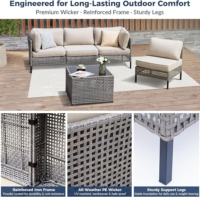 5-Piece PE Rattan Patio Sectional Set with 2 Armchairs, 2 Armless Chairs and Coffee Table, Modular Wicker Outdoor Sofa with 4" Beige Cushions for Backyard, Deck, Garden