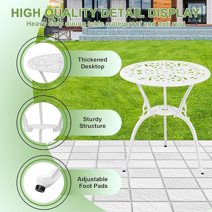 3 Piece Bistro Table Set,Outdoor Cast Aluminum Bistro Patio Table and Chair Set with 1.97" Umbrella Hole,All Weather Outdoor Dining Set for Garde,Porch,Balcony(White)