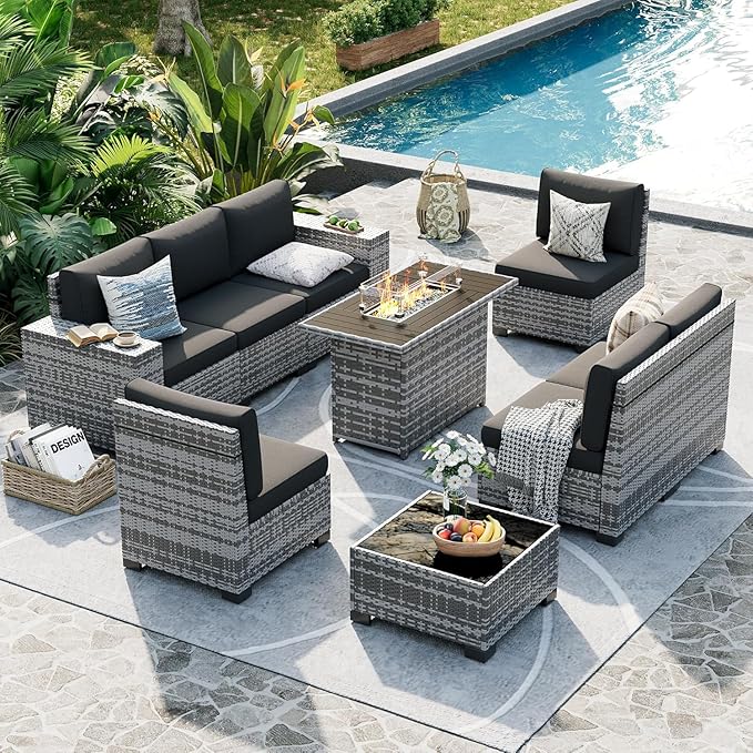 UDPATIO 44" Propane Gas Fire Pit Table, 55000 BTU Rectangular Fire Pit with Glass Wind Guard for Outside Patio Deck Garden Backyard