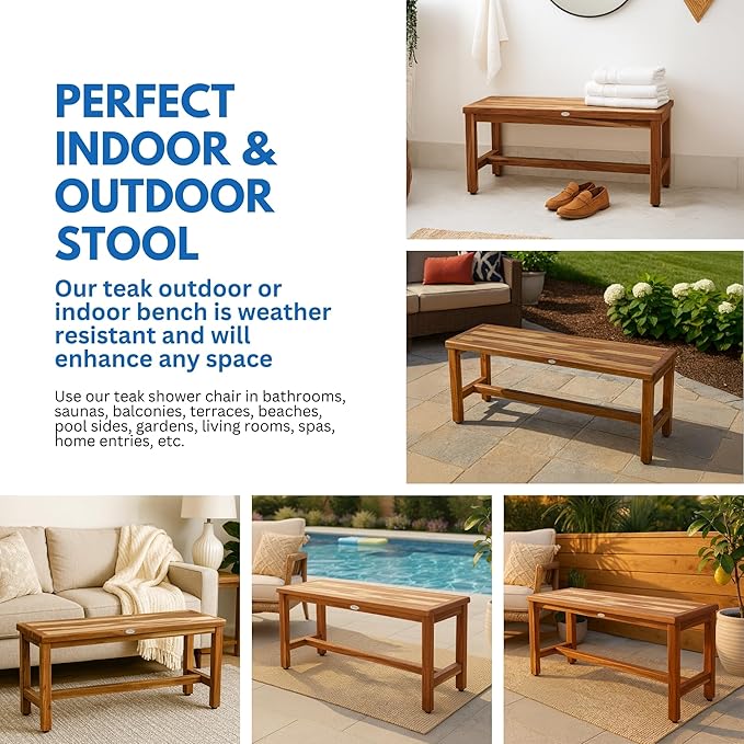 EcoDecors Eleganto 47 Inch Natural Color Waterproof Teak Wood Shower Bench Stool Seat Chair for Inside Shower Provides Safety, Storage, and Organization for Bathroom Accessories