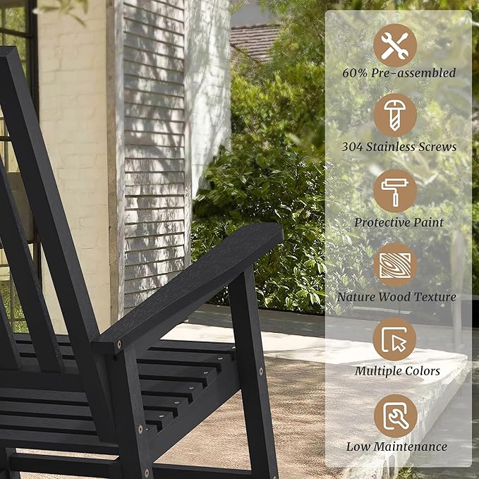 Outdoor Rocking Chairs Set of 2, Rocking Chair Outdoor All Weather Wooden Rockers, Heavy Duty 350lbs, High Back Wide Seat Patio Chairs for Porch, Backyard, Garden, Black