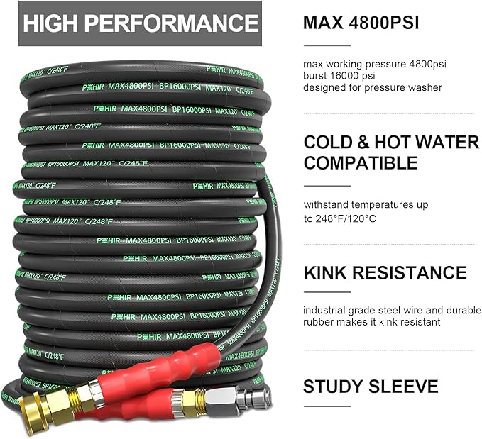 POHIR Pressure Washer Hose 100 ft 3/8 Inch for Cold and Hot Water 248°F End 3/8'' Quick Connect, 4800psi Kink Resistant Industrial Grade Steel Wire Braided, 2pcs M22-14mm Swivel to 3/8'' Adapter Kit