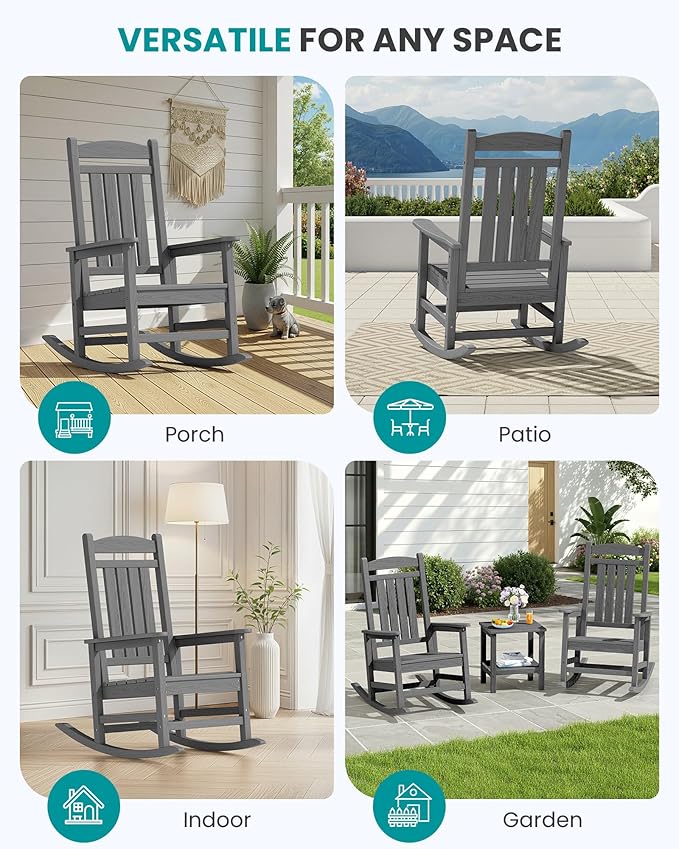 SERWALL Outdoor Rocking Chair Set of 4, HDPE Patio Rocking Chair, All-Weather Porch Rocker for Balcony, Yard, Gray