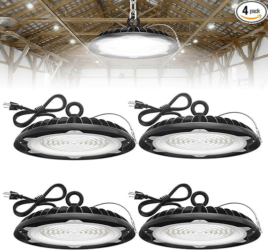 HYPERLITE High Bay LED Lights: 4-Pack 200W UFO LED Light with Plug & Play Plug - 5000K IP65 Waterproof Shatterproof Lighting Fixture