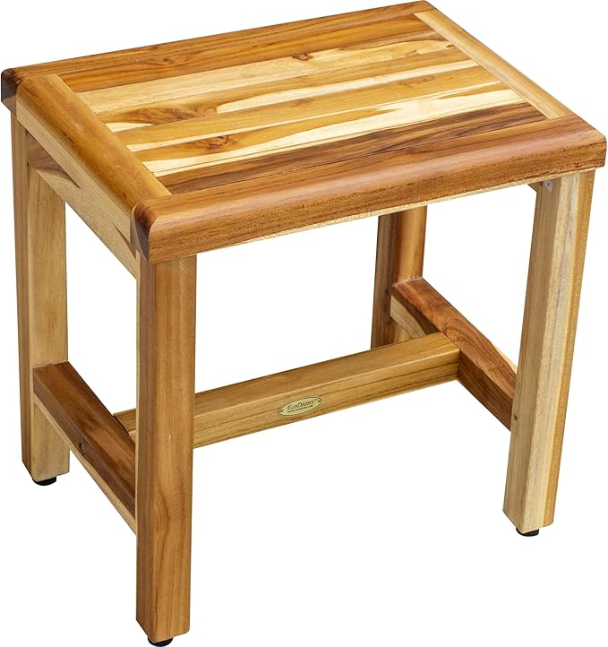 EcoDecors 18 Inch Natural Teak Waterproof Teak Wood Shower Bench Stool Seat Chair For Inside Shower Provides Safety, Storage, and Organization For Bathroom Accessories