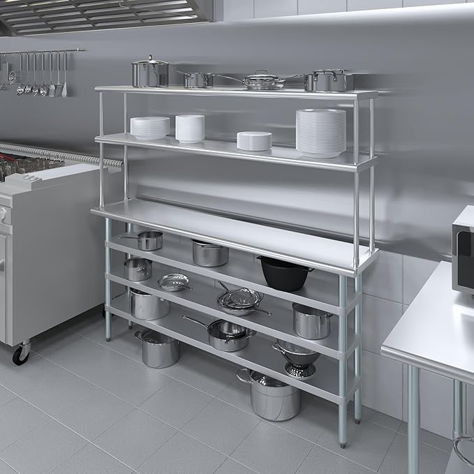 Amgood 14" x 72" Stainless Steel Work Table with 3 Shelves and 12" Wide Double Tier Overshelf | Metal Kitchen Prep Table & Shelving Combo | NSF