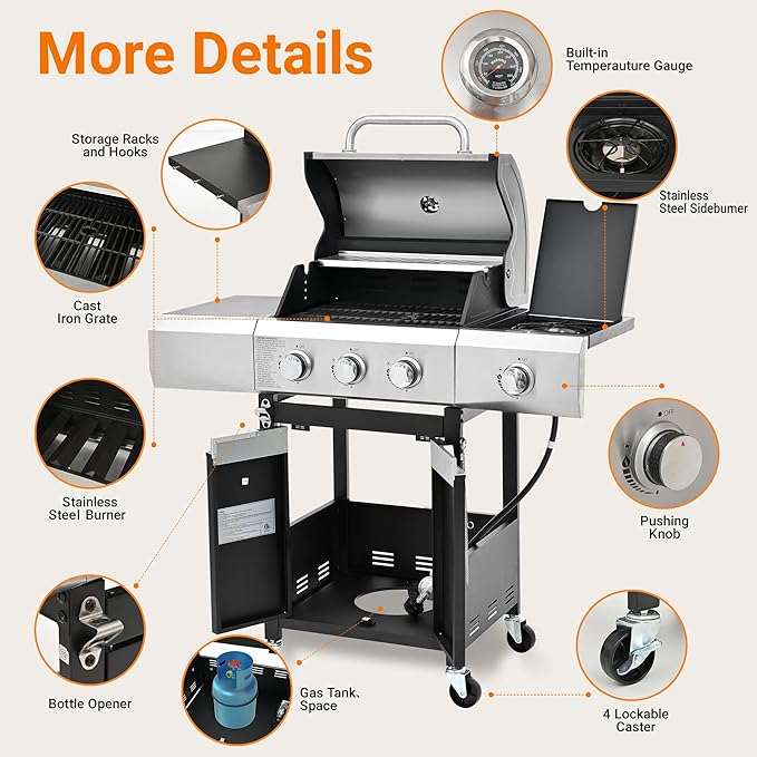 Fast Ignition Outdoor Gas Grill, Independent Multi-Burner & Built-in Thermometer, Easy-Clean Stainless Steel BBQ Grill for Camping Patio Backyard Cooking