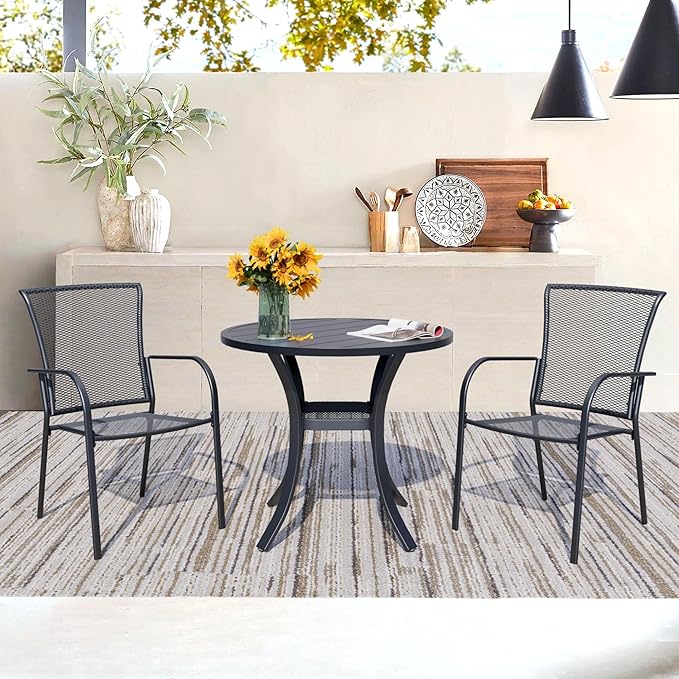 3 Piece Outdoor Dining Set, Patio Dining Set for 2, 27.6" Metal Round Table with 2 Black Metal Mesh Outdoor Dining Chairs with Armrest for Lawn, Garden, or Porch