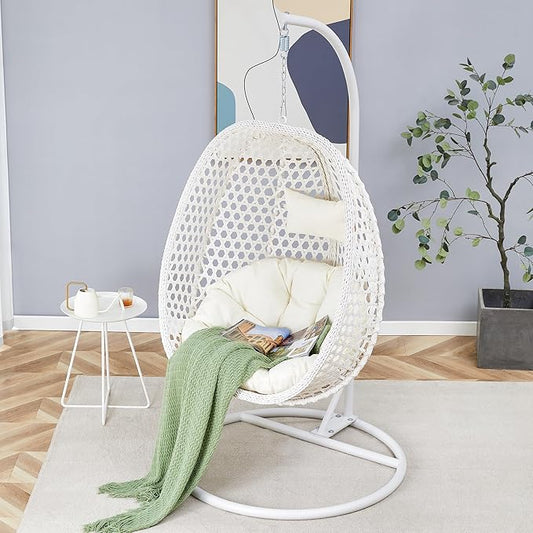 Hanging Egg Chair with Stand, Egg Swing Chair with Stand Indoor Outdoor, White Wicker Swing Egg Chair for Adults, Hammock Chair with Comfortable Cushion and Stable Round Metal Base for Bedroom Patio