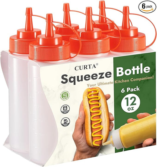CURTA 6-Pack 12 oz Clear Squeeze Bottle with Cap, BPA-Free Easy-to-Squeeze Plastic Condiment Dispenser with oz & ml Markings for Sauce, Oil, Dressing, Dishwasher Safe, Red