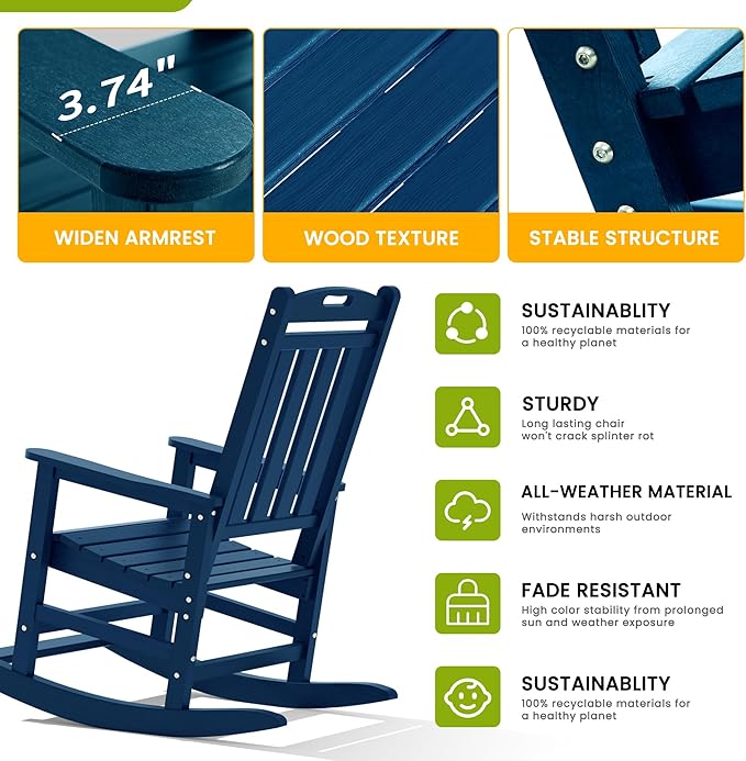 LOUNZY Outdoor Rocking Chair, HDPE Patio Rocking Chair with Footboard for Adults, All Weather Heavy Duty Front Porch Rocker, Navy