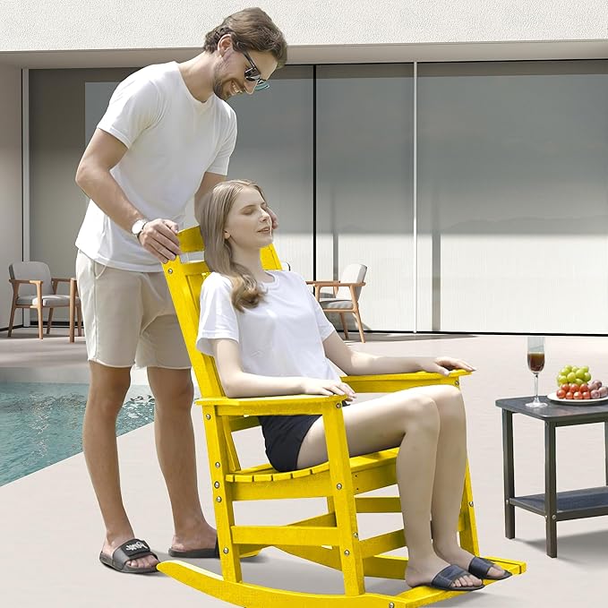 LOUNZY Outdoor Rocking Chair, HDPE Patio Rocking Chair with Footboard for Adults, All Weather Heavy Duty Front Porch Rocker, Yellow