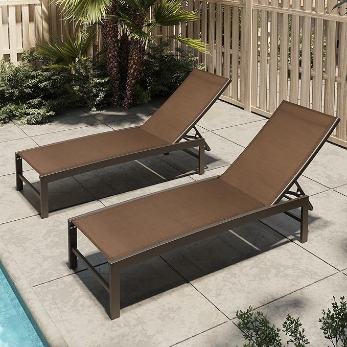 Patio Aluminum Chaise Lounge Chair, Set of 2 Outdoor Recliner Lounge Chair Sun Loungers, All Weather Chaise with 5 Adjustable Backrest and Lay Flat Positions for Garden, Balcony, Pool