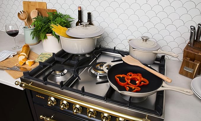Larder & Vine 5-Piece Enameled Cast Iron Cookware Set - Includes 5.7 Quart Dutch Oven with Lid, 10.25 Inch Skillet, 2.2 Quart Saucepan with Lid (Stone)