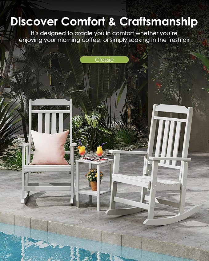 GREENVINES Outdoor-Rocking-Chairs-Set-of-4 | HDPE Plastic | Patio Rockers | Porch Rocker Chair | Oversized | High Back | Big & Tall | White