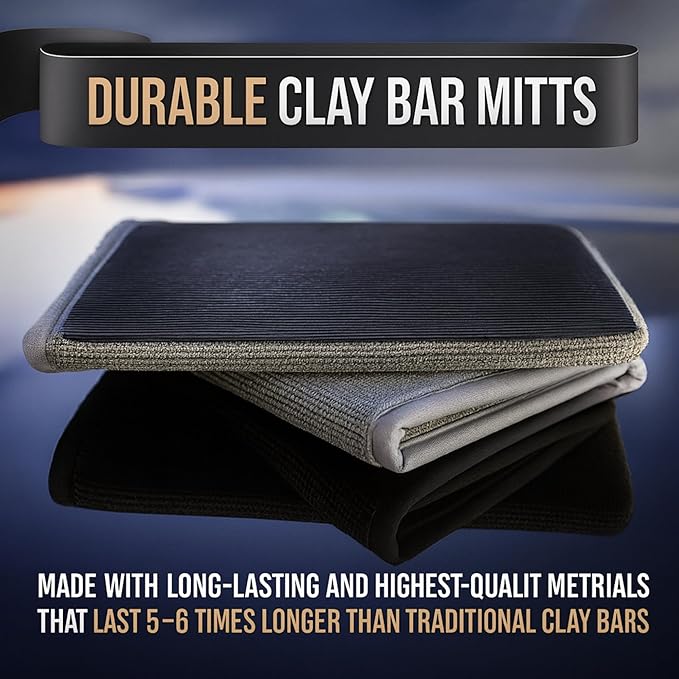 2-PC Medium Fine Clay Mitt Auto Detailing | Reusable, Scratch Free & Easy-Glide Clay Bar Mitt for Detailing | Clay Towel Gloves to Removes Sap/Tar/Contaminants | Safe on Paint, Glass & Wheels