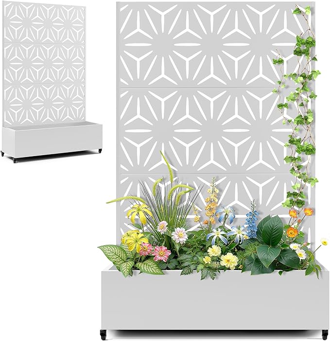 Metal Planters Box with Trellis & Privacy Screen for Patio, Large Raised Garden Beds with Drainage Holes & Wheels, 47" L×16" W×71" H Standing Flower Beds with Trellis (White Star)