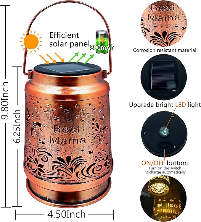 KY&BOSAM Solar Butterfly Mama Lanterns Outdoor Waterproof,LED 300 Lumens Metal Hanging Outside Lantern Lights Decorative for Yard Backyard Porch Garden Decorations Birthday Gifts for Women Mom Grandma