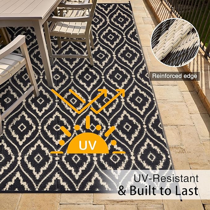 OLANLY Outdoor Rug 8x10 ft Waterproof, Outdoor Plastic Straw Rug with Geometric Pattern Clearance, Reversible RV Mat for Patio, Camping, Balcony, Deck, Backyard, Black & Beige