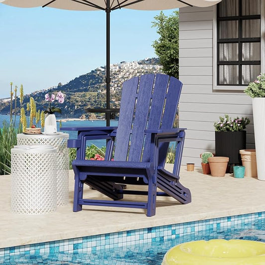 FONTOI Adirondack Chair，Plastic Outdoor Chairs Without Screws Install，Patio Adirondack with Cup Holder，400 LBS Capacity Recliner Chair Garden Chair for Backyard Lawn Beach Navy Blue