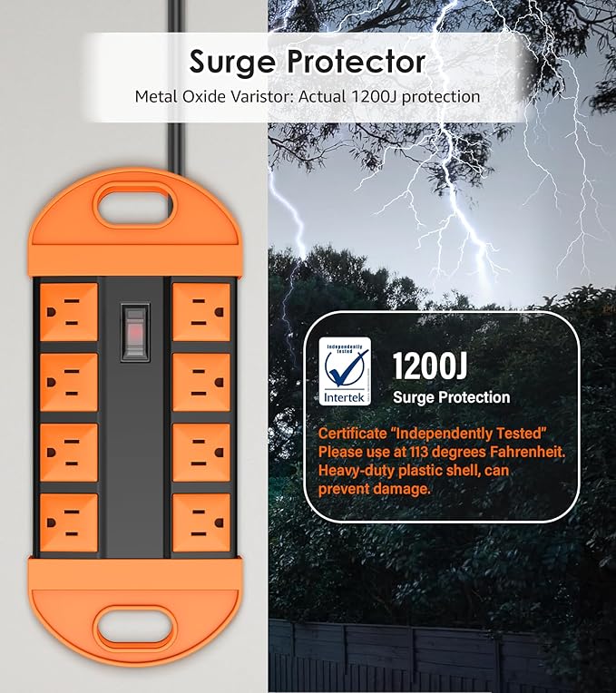 CCCEI Outdoor Power Strip Weatherproof with 8 Plug, Waterproof Extension Cord with Multiple Outlets, Christmas Exterior Garden Yard Surge Protector 15FT, Orange.