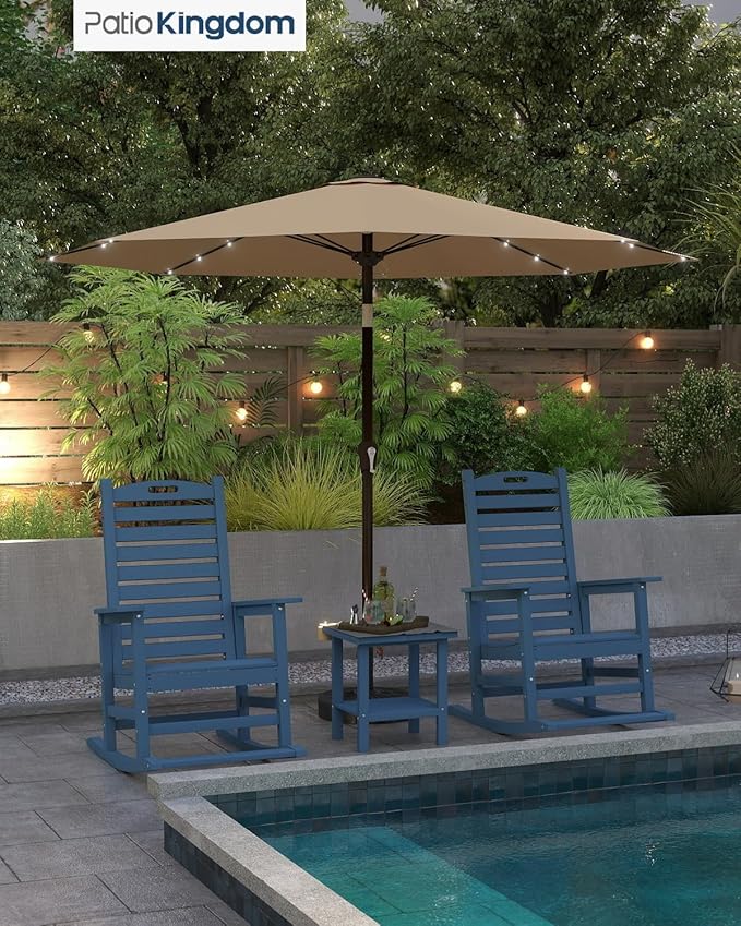 Outdoor Rocking Chairs Set of 2 with Footrest & Side Table, HDPE Modern Rocking Lawn Chair for Garden, Poolside, Deck (Navy Blue)