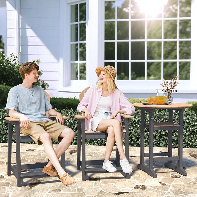 OTSUN Tall Adirondack Chairs Set of 3, Patio Bar Stool Chairs with one Table, 400lbs, Widened Arms, All-Weather Balcony Chair for Backyard, Garden (Black&Brown, 3 Sets)