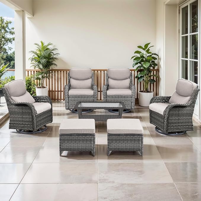 Outdoor Swivel Rocker Patio Chairs Set of 4 with Coffee Table - 5" Thick Cushion 7 Piece Furniture Set All Weather Comfortable Wicker Conversation Set for Porch Deck - Gray/Beige