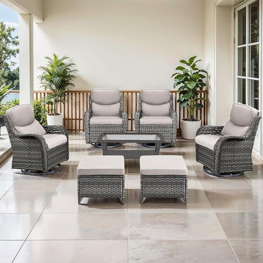 Outdoor Swivel Rocker Patio Chairs Set of 4 with Coffee Table - 5" Thick Cushion 7 Piece Furniture Set All Weather Comfortable Wicker Conversation Set for Porch Deck - Gray/Beige