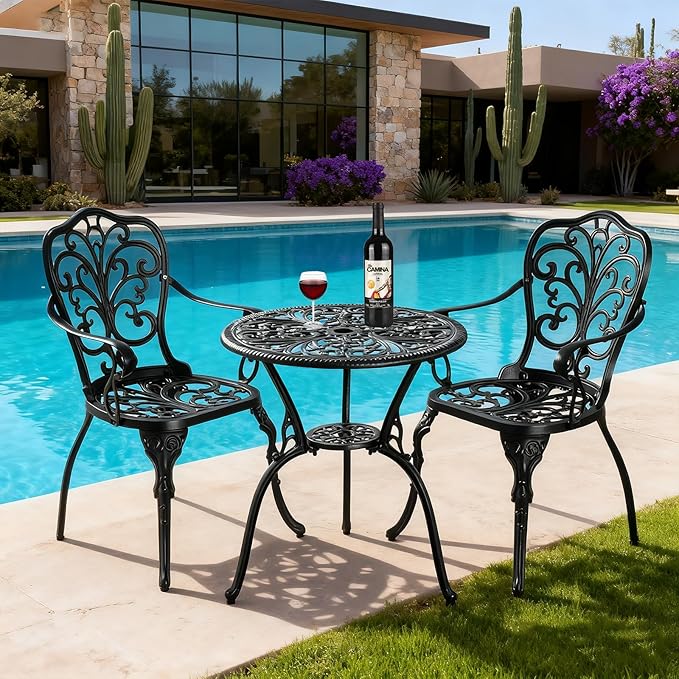 3 Piece Patio Bistro Set,Cast Aluminum Outdoor Bistro Table and Chair Set of 2 with 1.97" Umbrella Hole,All Weather Patio Furniture Set for Garden,Porch(Black)