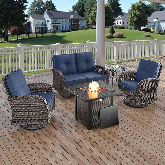 Belord 5 Piece Outdoor Patio Furniture Set with 50000 BTU Propane Fire Pit Table, Deep Seating Wicker Swivel Rocker Chairs and Loveseat Glider Patio Conversation Set for Deck Poolside Backyard Blue