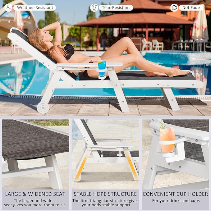 Outdoor Chaise Lounge Chair with Table Set of 3, 5-Position Adjustable Patio Lounge Chair with Wheels & Cup Holder, HDPE Pool Lounge Chair for Outside, Poolside & Beach (Grey-Brown)