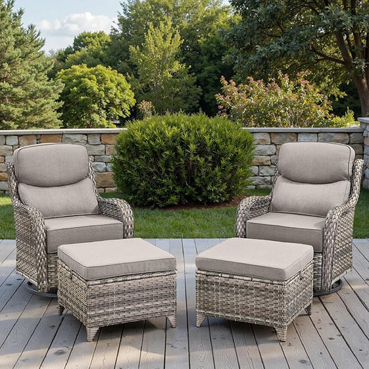 Swivel Patio Chairs Sofa Set of 4 with 6" Thick Cushion - Wicker Outdoor Swivel Rocker Patio Chair with Side Table, High Back Comfortable Outdoor Glider Chairs Grey Wicker Grey Cushions