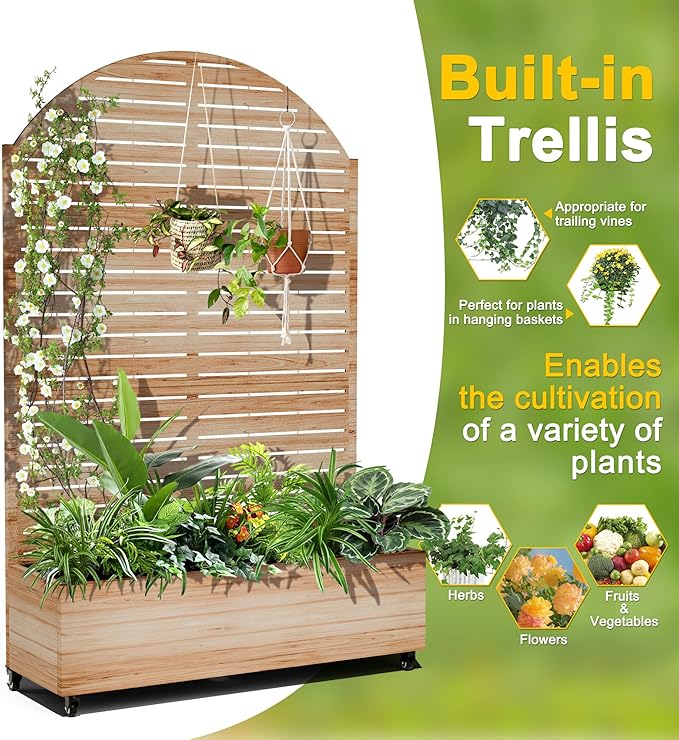 FENCY Metal Raised Garden Bed with Wheels and Trellis,Arched 73"x47"x16" Planter Box for Climbing Plants, Vegetables & Vines, Features Privacy Screen and Drainage Holes (Acacia Wood Finish)