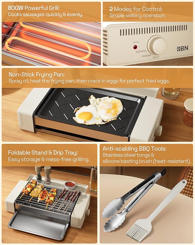 HBN 3-in-1 Hot Dog Roller Grill Machine with Nonstick Plate & Grill Rack, 800W Compact Indoor Electric Sausage Griller for Kitchen, Home, Small Space Use (Beige)