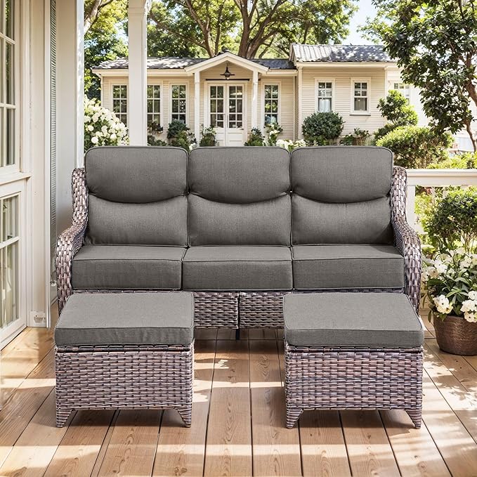 HUMMUH 7 Pieces Wicker Patio Furniture Set with Patio Swivel Chairs Set of 4,High Back Outdoor Sofa Ottomans,6 Inch Thick Cushions Outdoor Conversation Set for Porch, Balcony, Deck