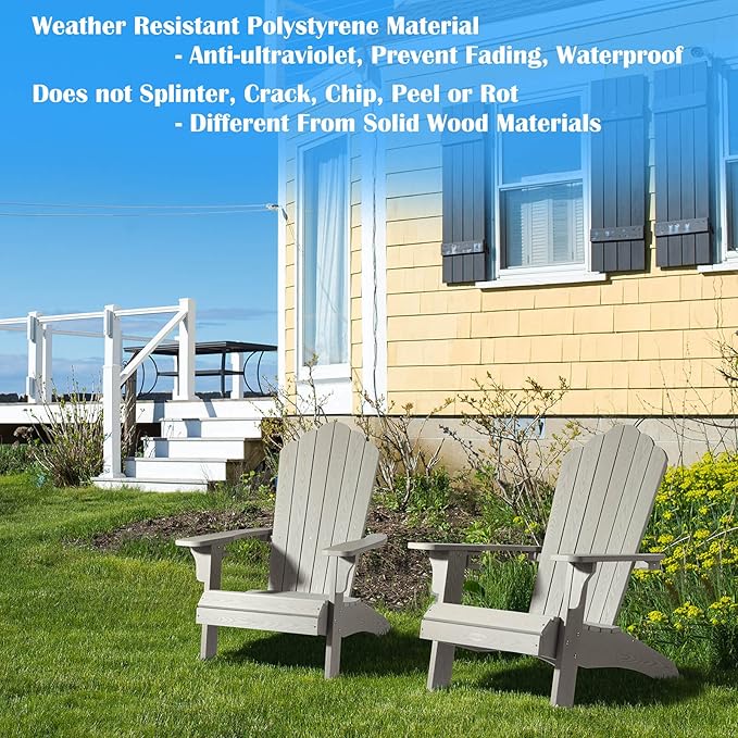 hOmeHua Oversized Adirondack Chairs Set of 2, HIPS Adirondack Chairs Weather Resistant with Cup Holder, Plastic Outdoor Chair for Patio, Backyard Deck, Fire Pit Lawn Porch (Grey)