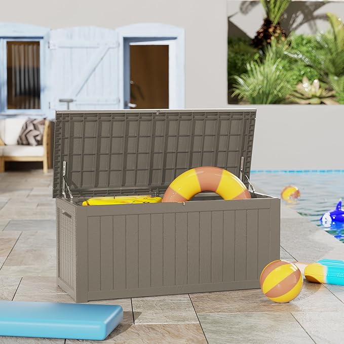 Mersco 270 Gallon Double-Wall Resin Deck Box - Lockable Waterproof Outdoor Storage Box, 1000lbs Capacity & Doubles as Seating for Patio Furniture - Garden Tools, Pool Accessories (Grey)