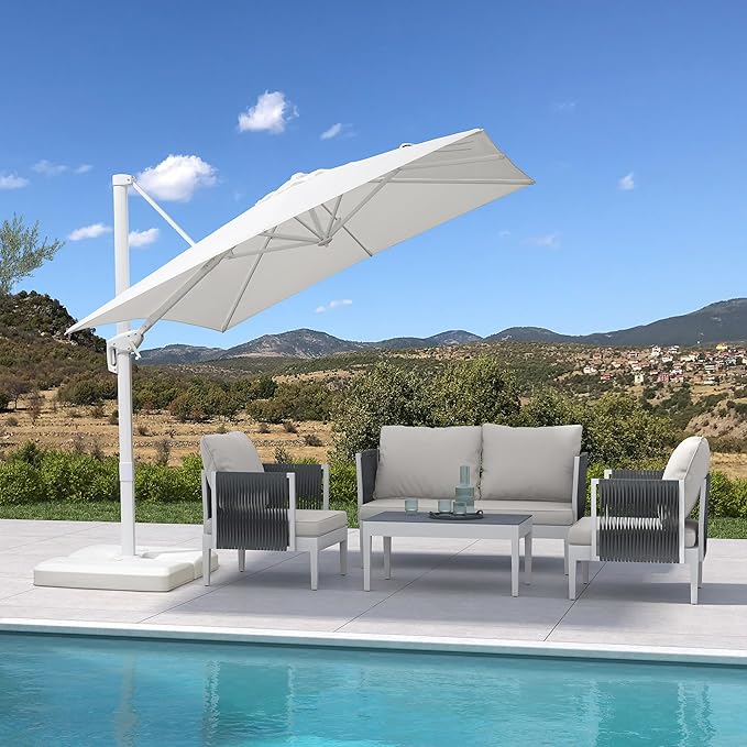 PURPLE LEAF 8 FT Patio Umbrella White Cantilever Umbrella Aluminum Square Outdoor Offset Umbrella Hanging Windproof with 360° Rotation for Garden Deck Pool, White
