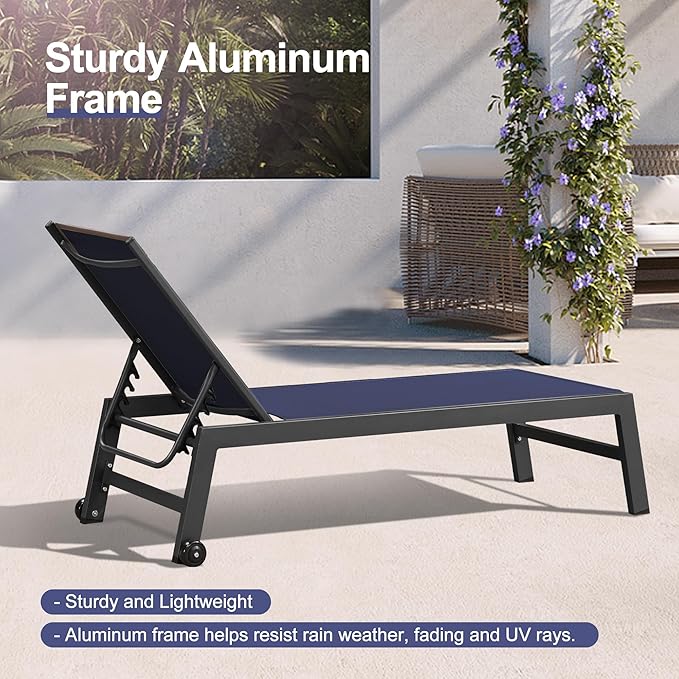 PURPLE LEAF Outdoor Patio Chaise Lounge Set 4 Pieces Pool Lounge Sunbathing Chairs with Wheels Chair for Yard (4 Navy Blue Lounges W/Side Table)