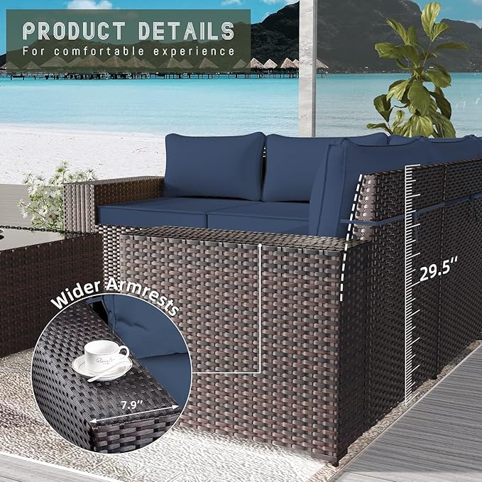 16 Pieces Outdoor Patio Furniture Set Outdoor Furniture Patio Sectional Sofa Conversation Sets w/ETL Approved 45" Gas Outdoor Fire Table & Coffee Table, Swivel Rocking Chair (Navy)