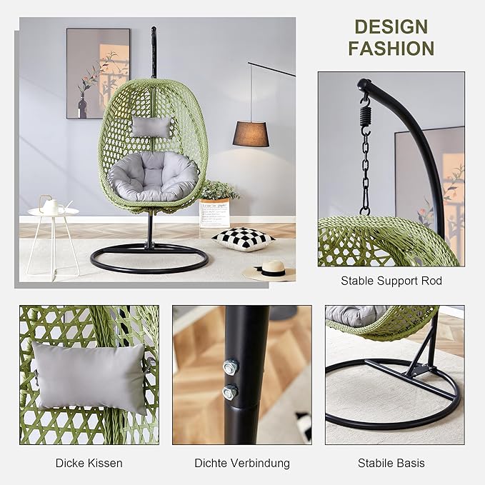 Hanging Egg Chair with Stand, Egg Swing Chair with Stand Indoor Outdoor,Green Wicker Swing Egg Chair for Adults, Hammock Chair with Comfortable Cushion and Stable Round Metal Base for Bedroom Patio