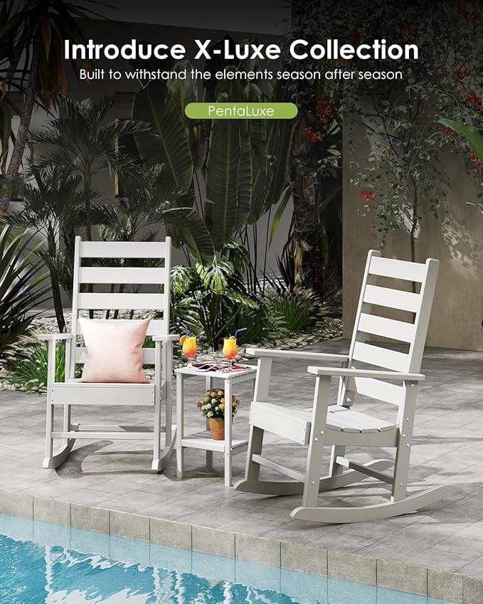 GREENVINES Outdoor-Rocking-Chairs-Set-of-4 | HDPE Plastic | Patio Rockers | Porch Rocker Chair | Shaker | Oversized | High Ladder Back | Big & Tall | PentaLuxe | White