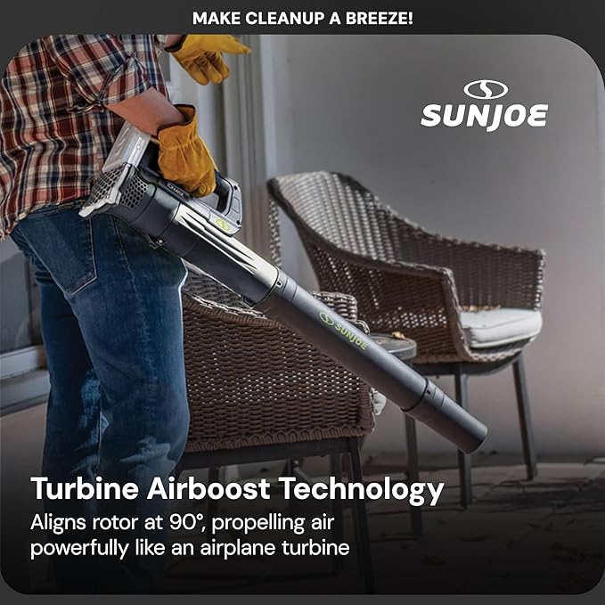 Sun Joe Cordless Jet Blower with Compact Turbine, Battery & Charger, 24V, 100 MPH - Portable and Lightweight Battery-Powered Electric Equipment for Lawn, Garden, and Yard Care, IONMAX 24V-TB-LTE