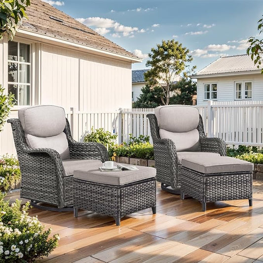 Outdoor Swivel Rocker Patio Chairs with 2 Ottomans - 5" Thick Cushion 4 Piece Furniture Set All Weather Comfortable Wicker Conversation Set for Porch Poolside and Deck - Gray/Beige